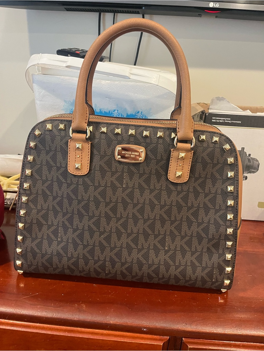 Michael Kors Brown MK Logo Satchel with Tan Trim and Gold Studs